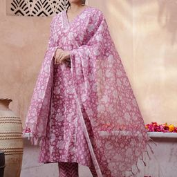 Sangria Mauve Floral Printed V-Neck Pure Cotton Straight Kurta & Trouser With Dupatta-picture-9