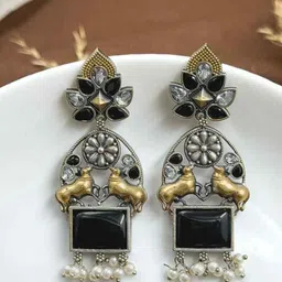 NAMAN ARTS Silver-Plated Stones Studded & Beaded Oxidised Contemporary Drop Earrings-3