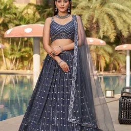 ODETTE Embellished Mirror Work Semi-Stitched Lehenga & Unstitched Blouse With Dupatta-picture-1