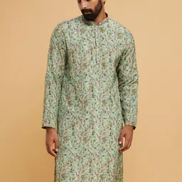 Twamev Men Ethnic Motifs Printed Regular Mandairan Coller Thread Work Kurta with Pyjamas image 2