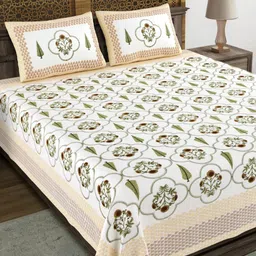 BLOCKS OF INDIA Green & White Ethnic Motifs 210 TC King Bedsheet with 2 Pillow Covers-image-88