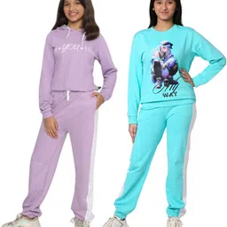 TotzTouch Girls Pack Of 2 Blue & Purple Printed Hooded Sweatshirt and Joggers Clothing Set-picture-3