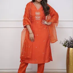 Moda Rapido Women Ethnic Motifs Embroidered Kurta with Trousers & Dupatta-image-47