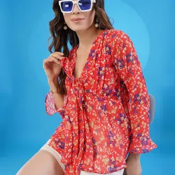 Sangria Red Floral Printed V-Neck Bell Sleeve Georgette A-Line Top-image-26