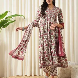 Jaitpuriya Floral Printed V-Neck Pure Cotton Empire Anarkali Kurta With Trouser & Dupatta-13
