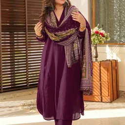 KAUTIK FABRICS Women Regular Linen Kurta with Trousers & With Dupatta image 4