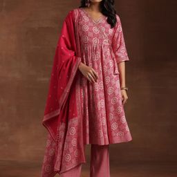 Libas Pink & White Ethnic Motifs Printed Cotton Anarkali Kurta with Trousers & Dupatta-picture-25