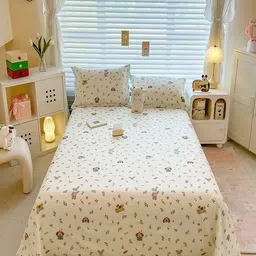 JC HOME Beige & Blue Floral Printed 220 TC King Size Bedsheet Set-image-96