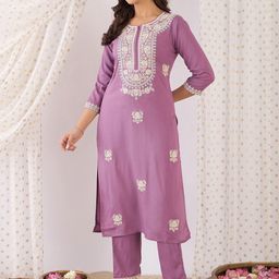 Indo Era Lavender Embroidered Straight Co-OrdsSet-39