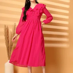 aayu Women V-Neck Fit & Flare Midi Dress With Ruffles Detail-image-86
