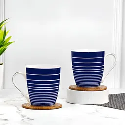 UPC Blue & White 2 Pieces Striped Printed Dishwasher Safe Ceramic Glossy Mugs-50