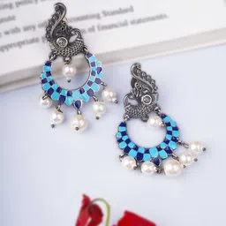 Sangria Blue Silver-Plated Pearls Beaded Peacock Shaped Oxidised Drop Earrings-31
