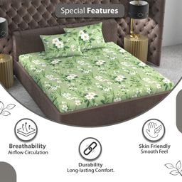 Divine Casa Teal & White Floral 144 TC Single Bedsheet with 1 Pillow Covers-image-89