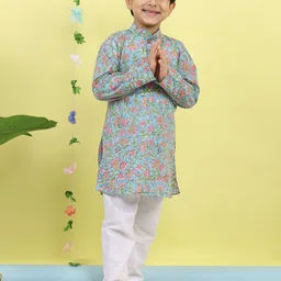 Here&Now X Kinder Kids Boys Floral Printed Pure Cotton Straight Kurta With Trouser-20