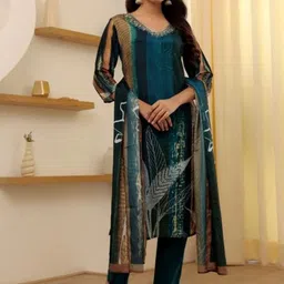 JAPNAAM Floral Printed Regular V-Neck Straight Kurta With Trousers And Dupatta-42