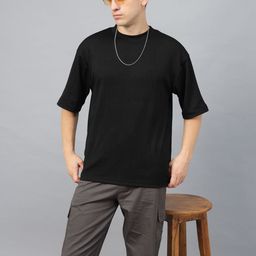 VEIRDO Men Solid Round Neck Textured Oversized T-shirt-picture-40