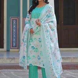 Juniper Floral Printed Sequinned & Mirror Work Straight Kurta with Trousers & Dupatta-picture-57