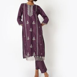 max Floral Embroidered Thread Work Notch-Neck Straight Kurta With Trousers-picture-38