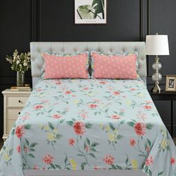 BREVARD Blue Floral Printed 210 TC King Bedsheet Set 2.74m x 2.74m-image-2