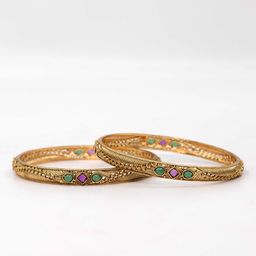 South Temple Jewellery Set Of 2 Gold-Plated Artificial Stones Studded Bangles-image-55