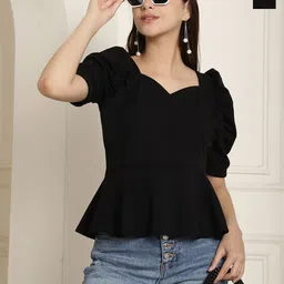 MetronautWomen Pack Of 2 Sweetheart Neck Puff Sleeve Peplum Top-51