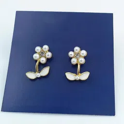 KRENOZ Gold-Plated Stainless Steel Stone Studded & Beaded Mini Floral Studs-44