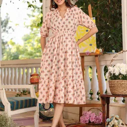 Janasya Floral Print Puff Sleeve Fit & Flare Midi Dress-image-65