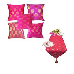 Pink Parrot Pink 5 Pieces Ethnic Printed Jacquard Silk Cushion Covers & Table Runner-image-82