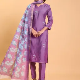 HERE&NOW Floral Embroidered Beads and Stones Chanderi Silk Kurta with Trousers & Dupatta-52