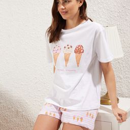 Trendyol Women Printed Round Neck Short Sleeves Pure Cotton Night suit-image-51