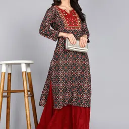 HERE&NOW Ethnic Motifs Printed Thread Work Round Neck Straight Kurta-11