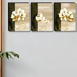 Aura Brown & Gold-Toned 3 Pieces Floral Printed Wooden Wall Paintings-image-82