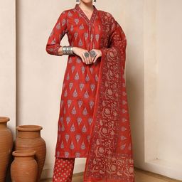 Spera Floral Printed V-Neck Gotta Patti Straight Kurta With Trousers & Dupatta-image-62