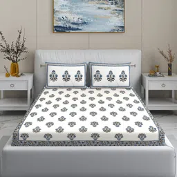MODEFE Cream-Coloured & Blue Floral 144 TC King Bedsheet with 2 Pillow Covers-36