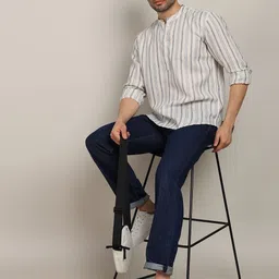 HERE&NOW Men Woven Design Striped Mandarin Collar Pure Cotton Short Kurta-picture-5