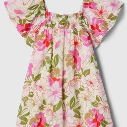 GAP Girls Smocked Floral Printed Square Neck Pure Cotton Flutter Sleeves Fit & Flare Dress-picture-1