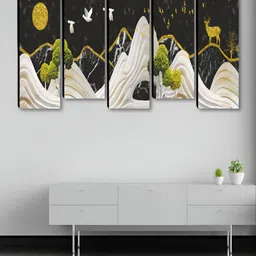 SAF Off White & Green 5 Pieces Nature Look Printed Wooden Wall Arts-28