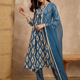 Moda Rapido Women Ikat Printed Regular Kurta with Trousers & With Dupatta-picture-6