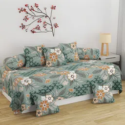 Bromwick 8Pcs Green & Brown Floral Printed Cotton Diwan Set-5