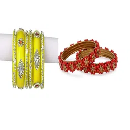 SOMIL Set of 8 Women Yellow & Red Alloy Artificial Stones & Beads Bangles-image-79