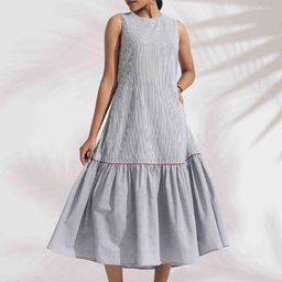 trueBrowns Women Grey Cotton Stripe Tier Dress-image-79