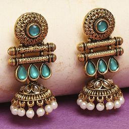 Anouk Gold Plated Artificial Stones Studded And Beaded Dome Shaped Jhumkas-50