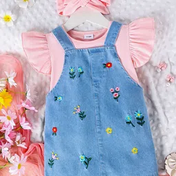 Xsole Girls Floral Embroidered Denim Pinafore Dress With Hairband-11