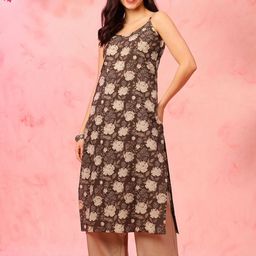 EthniFlair Floral Printed Shoulder Straps Neck Sleeveless Pure Cotton Straight Kurta-image-20