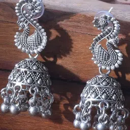 Niska Ghungroo Beaded Oxidised Peacock Shaped Jhumkas-picture-7