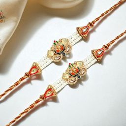 ADIVA Set of 2 Ganesha Kundan Studded & Beaded Rakhi With Pooja Thali Roli Chawal Gift Set-image-45