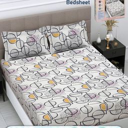FABINALIV White & Black Geometric 300 TC King Bedsheet with 2 Pillow Covers-96