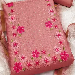 peachmode Dusty Rose Pink loral Embroidery and Kota Doria Unstitched Viscose Dress Material-picture-6