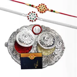 DeoDap Unisex Set of 2 Rakhis with Pooja Thali Roli Chawal Coin Greeting Card Gift Set-image-83