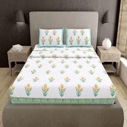 BED-SHEET.COM Green & White Floral 400 TC King Bedsheet with 2 Pillow Covers-image-4